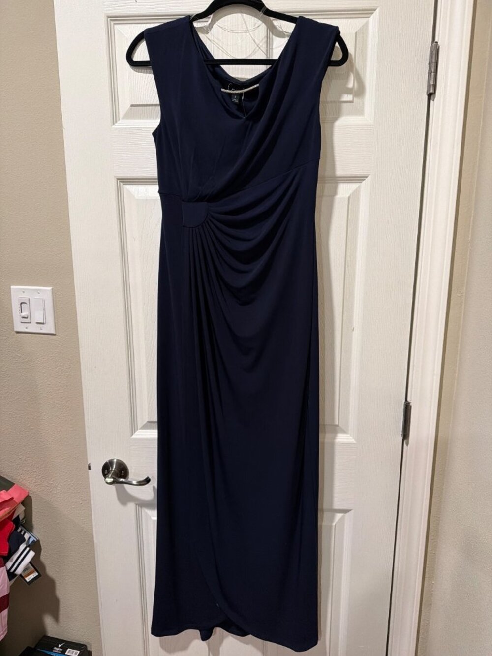 Connected Apparel Navy Sleeveless Draped Gown With Gold Accent Size 6